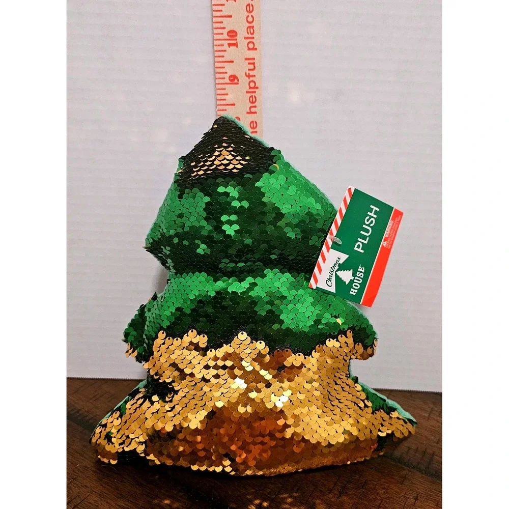 Christmas House Flip Sequin Plush Set Tree and Star Green Gold Silver New